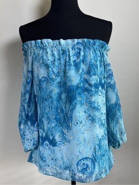 White House black market blue off shoulder seashell blouse size XS/S